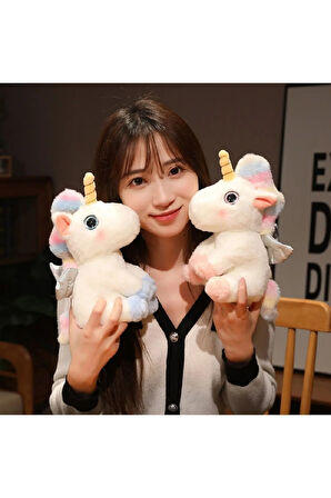 İthal Kumaş Camgöz Boynuzlu Gökkuşağı Pegasus Unicorn Figür Peluş Oyuncak Oyun & Uyku Arkadaşı 28 Cm