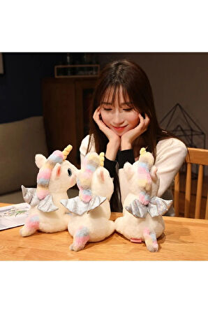 İthal Kumaş Camgöz Boynuzlu Gökkuşağı Pegasus Unicorn Figür Peluş Oyuncak Oyun & Uyku Arkadaşı 28 Cm