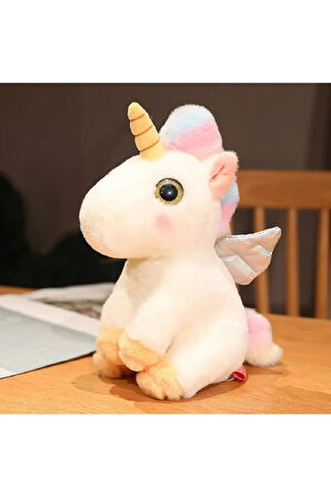 İthal Kumaş Camgöz Boynuzlu Gökkuşağı Pegasus Unicorn Figür Peluş Oyuncak Oyun & Uyku Arkadaşı 28 Cm
