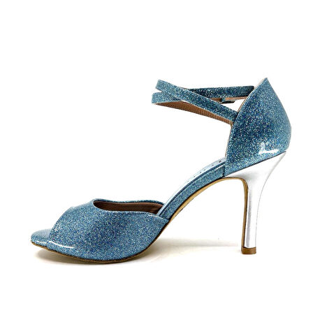 𝐀𝐙𝐔𝐑𝐄𝐋𝐋𝐀 | 𝐆𝐄𝐋𝐓𝐎𝐍𝐘® Mavi Simli & Gümüş Topuklu El Yapımı Kadın Ayakkabı • Tango • Düğün • Gece • Sahne
