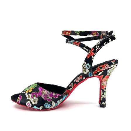 𝐀𝐋𝐌𝐄𝐑𝐎𝐀 | 𝐆𝐄𝐋𝐓𝐎𝐍𝐘® Siyah Zemin Üzerinde Renkli Çiçek Desenli Kırmızı Süet Tabanlı El Yapımı Kadın Topuklu Ayakkabı • Tango • Düğün • Gece