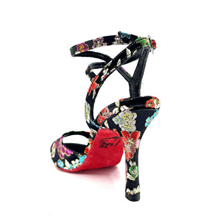 𝐀𝐋𝐌𝐄𝐑𝐎𝐀 | 𝐆𝐄𝐋𝐓𝐎𝐍𝐘® Siyah Zemin Üzerinde Renkli Çiçek Desenli Kırmızı Süet Tabanlı El Yapımı Kadın Topuklu Ayakkabı • Tango • Düğün • Gece
