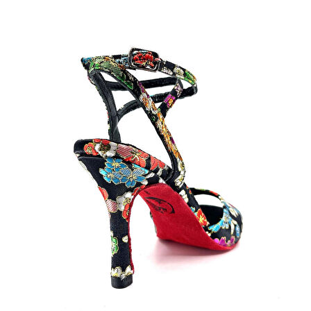 𝐀𝐋𝐌𝐄𝐑𝐎𝐀 | 𝐆𝐄𝐋𝐓𝐎𝐍𝐘® Siyah Zemin Üzerinde Renkli Çiçek Desenli Kırmızı Süet Tabanlı El Yapımı Kadın Topuklu Ayakkabı • Tango • Düğün • Gece