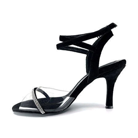 𝐕𝐄𝐋𝐋𝐀𝐑𝐈𝐀 | 𝐆𝐄𝐋𝐓𝐎𝐍𝐘® Siyah Süet & Şeffaf Bantlı Taş Detaylı El Yapımı Kadın Topuklu Ayakkabı • Tango • Düğün • Gece