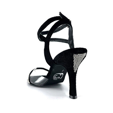 𝐕𝐄𝐋𝐋𝐀𝐑𝐈𝐀 | 𝐆𝐄𝐋𝐓𝐎𝐍𝐘® Siyah Süet & Şeffaf Bantlı Taş Detaylı El Yapımı Kadın Topuklu Ayakkabı • Tango • Düğün • Gece