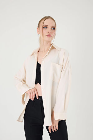 Tek Cepli Oversize Keten Gömlek- Taş