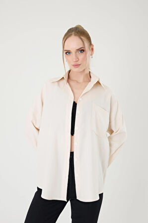 Tek Cepli Oversize Keten Gömlek- Taş