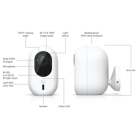 UBIQUITI UVC-G6-INS-W 8MP 2.8MM LENS 6 METRE IR ÇİFT YÖNLÜ KONUŞMA PLAKA VE YÜZ ALGILAMA WIFI IPX5 KAMERA