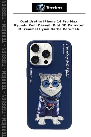 Özel Üretim iPhone 14 Pro Max Uyumlu Kedi Desenli Kılıf 3D Karakter Mükemmel Uyum Darbe Korumalı