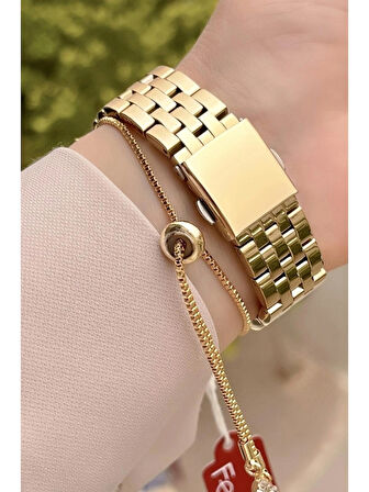 Ferrucci 1. Sınıf Çelik Gold Taşlı Şık Kadın Kol Saat+Bileklik