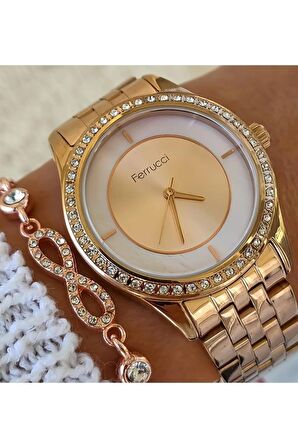Ferrucci 1. Sınıf Çelik Taşlı Şık Rosegold Kadın Kol Saat+Bileklik