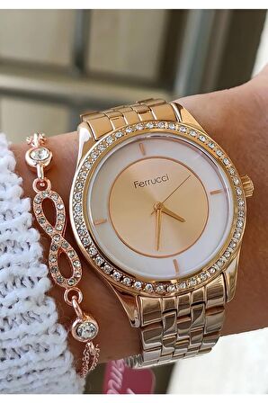 Ferrucci 1. Sınıf Çelik Taşlı Şık Rosegold Kadın Kol Saat+Bileklik