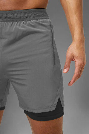 Gri Unisex Gym Ve Fitness Astarlı Taytlı Şort