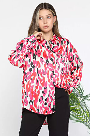 Kadın Tek Cepli Desenli Oversize Saten Gömlek