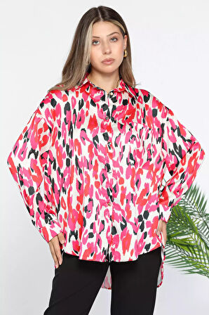 Kadın Tek Cepli Desenli Oversize Saten Gömlek