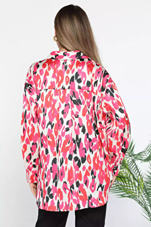 Kadın Tek Cepli Desenli Oversize Saten Gömlek