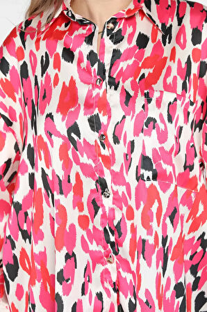 Kadın Tek Cepli Desenli Oversize Saten Gömlek