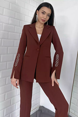 Kadın Astarlı Kolu Taş Detaylı Blazer Ceket