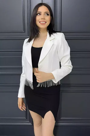 Kadın Sacak Taşlı Slim Fit Crop Blazer Ceket