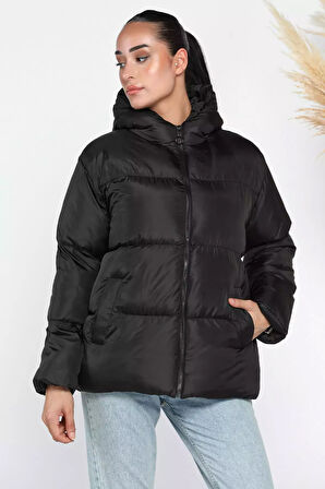 Kadın Kapüşonlu Oversize Şişme Mont