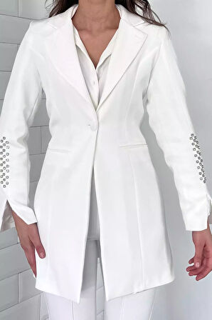 Kadın Kol Taş Detaylı Sahte Cepli Uzun Blazer Ceket