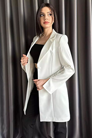 Kadın Kol Taş Detaylı Sahte Cepli Uzun Blazer Ceket