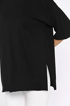 Kadın Bisiklet Yaka Yan Yırtmaç Detaylı Salaş T-shirt