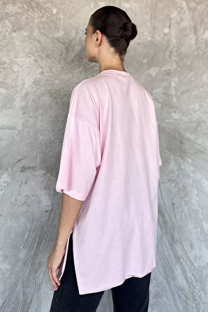 Kadın Bisiklet Yaka Yan Yırtmaç Detaylı Salaş T-shirt