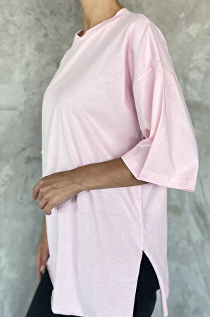 Kadın Bisiklet Yaka Yan Yırtmaç Detaylı Salaş T-shirt