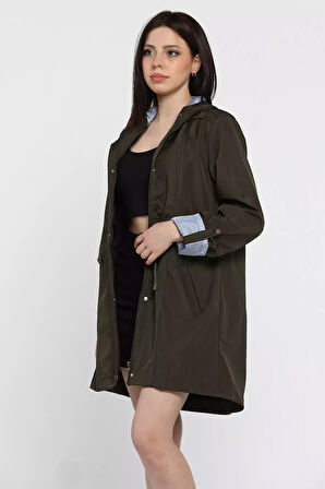 Kadın Kapüşonlu Çizgi Detaylı Trençkot