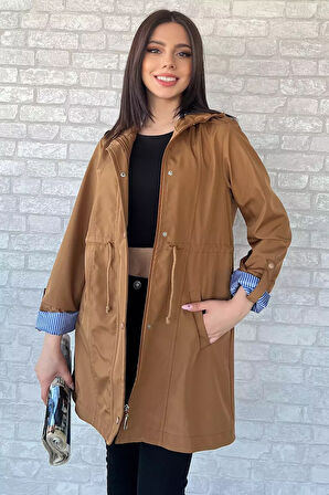 Kadın Kapüşonlu Çizgi Detaylı Trençkot