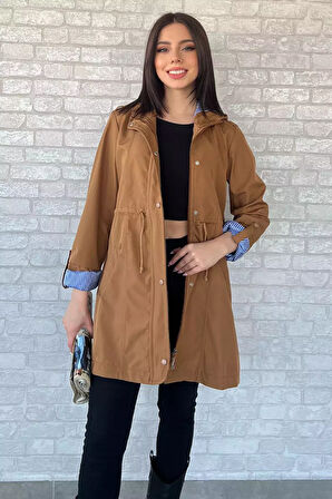 Kadın Kapüşonlu Çizgi Detaylı Trençkot