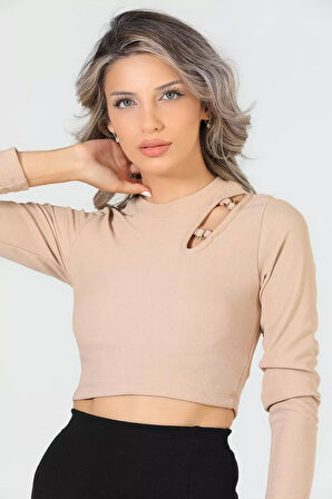 Kadın Bisiklet Yaka Omuz Halka Detaylı Crop Bluz