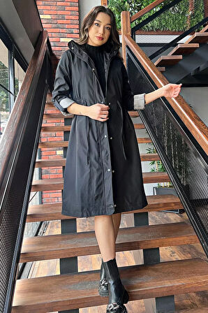 Kadın Bel Bağcıklı Astarlı Slim Fit Uzun Trençkot