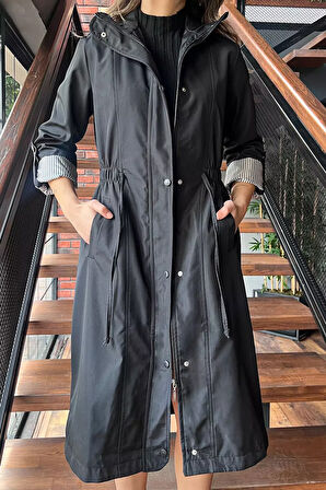 Kadın Bel Bağcıklı Astarlı Slim Fit Uzun Trençkot