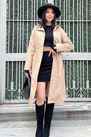 Kadın Bel Bağcıklı Astarlı Slim Fit Uzun Trençkot