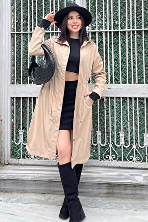 Kadın Bel Bağcıklı Astarlı Slim Fit Uzun Trençkot