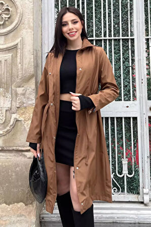 Kadın Bel Bağcıklı Astarlı Slim Fit Uzun Trençkot