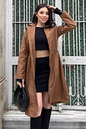 Kadın Bel Bağcıklı Astarlı Slim Fit Uzun Trençkot