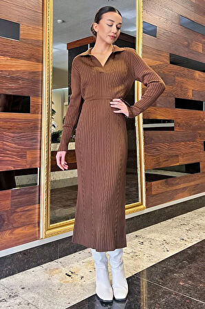 Kadın Polo Yaka Bel Bağlamalı Uzun Triko Elbise