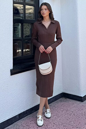 Kadın Polo Yaka Bel Bağlamalı Uzun Triko Elbise