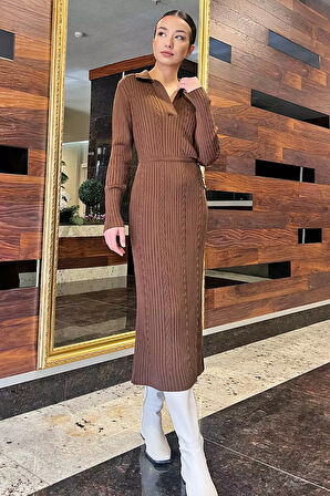 Kadın Polo Yaka Bel Bağlamalı Uzun Triko Elbise