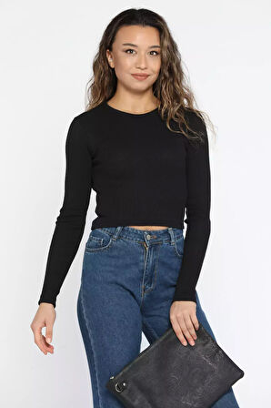 Kadın Bisiklet Yaka Kaşkorse Crop Body Bluz