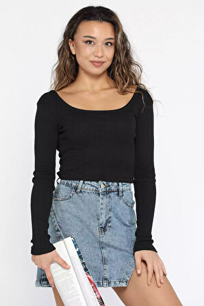 Kadın Kare Yaka Kaşkorse Crop Body Bluz