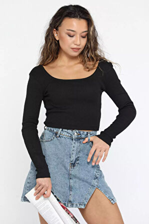 Kadın Kare Yaka Kaşkorse Crop Body Bluz