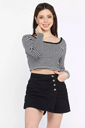 Kadın Kare Yaka Çizgili Kaşkorse Crop Body Bluz