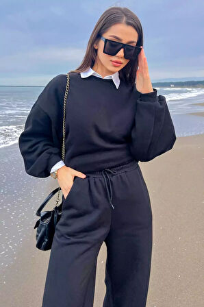 Kadın Bel Bağcıklı Üç İplik Şardonlu Bol Paça Palazzo Alt Eşofman