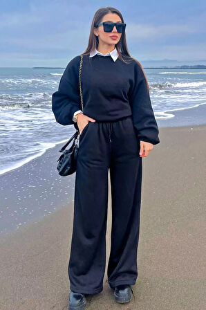 Kadın Bel Bağcıklı Üç İplik Şardonlu Bol Paça Palazzo Alt Eşofman