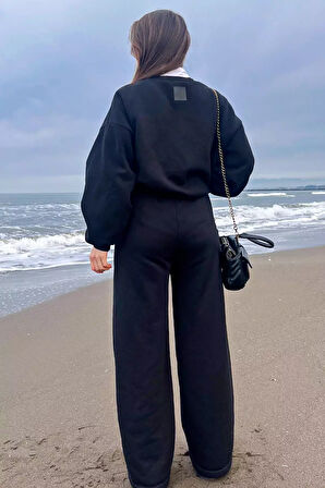 Kadın Bel Bağcıklı Üç İplik Şardonlu Bol Paça Palazzo Alt Eşofman