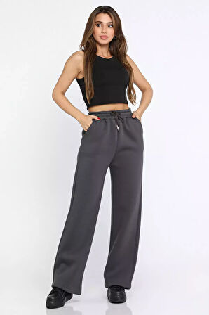 Kadın Bel Bağcıklı Üç İplik Şardonlu Bol Paça Palazzo Alt Eşofman